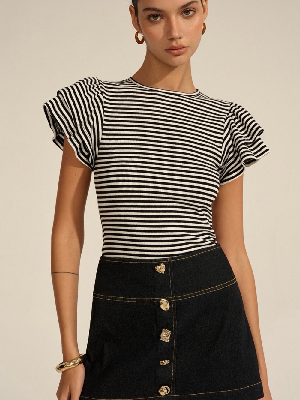Commense Black & White Striped Flutter Sleeve Tee